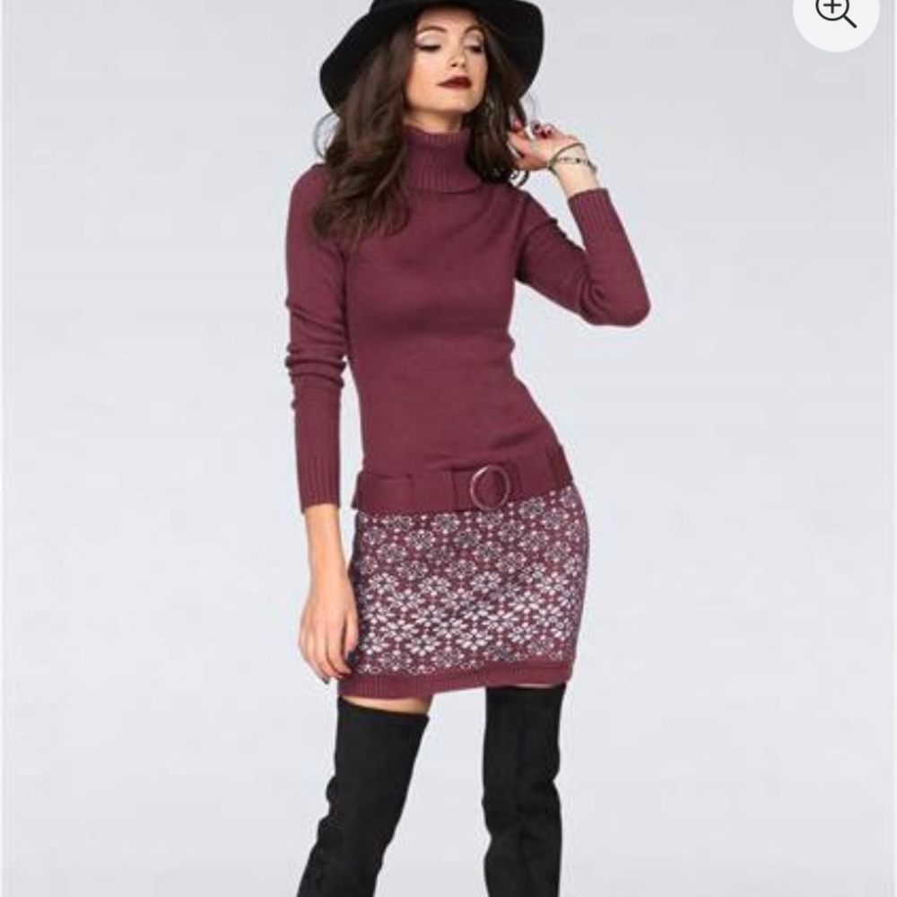 Venus sweater dress. Maroon, low belted waist, retro vibe, sexy.